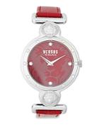 Versus Versace Swarovski Crystal Studded Red Dial Leather Strap Watch