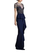 Marchesa Beaded Embroidered Peplum Gown