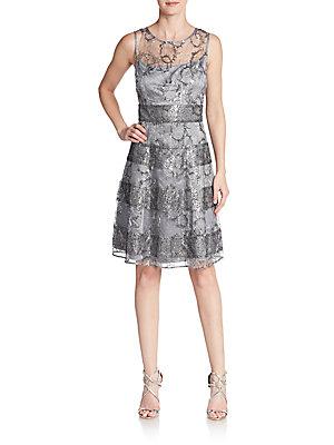 Kay Unger Sequined Jacquard A-line Dress