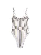 Weworewhat Danielle Belted Striped One-piece Swimsuit