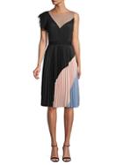 Bcbgmaxazria One-sleeve Pleated Colorblock Fit-and-flare Dress