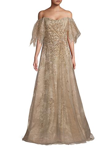 Rene Ruiz Collection Flutter-sleeve Beaded Gown