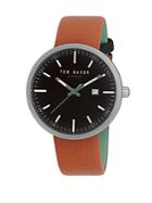 Ted Baker London Polished Stainless Steel Leather Strap Watch