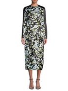 Escada Long-sleeve Floral Silk Midi Dress