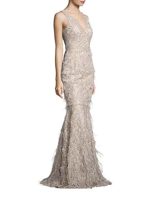 Theia Metallic Embroidered Lace & Feather Gown