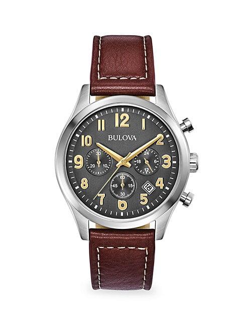 Bulova Stainless Steel & Leather Strap Chronograph Watch