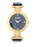 Versus Versace Yellow Goldtone Stainless Steel Black Dial Leather Strap Watch