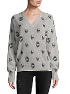360 Cashmere V-neck Skull Print Sweater
