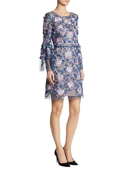 Marchesa Embroidered Bell Sleeve Dress