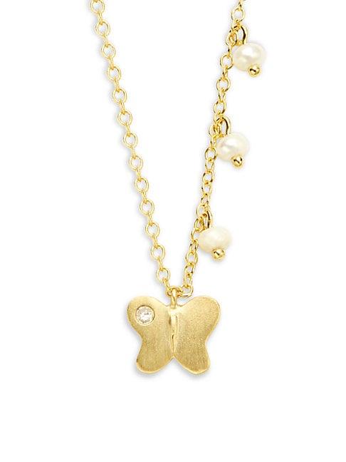 Meira T 14k Yellow Gold 2mm Freshwater Pearl Butterfly Charm Necklace