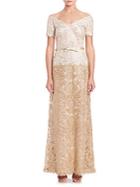 Tadashi Shoji Off-the-shoulder A-line Belted Lace Gown