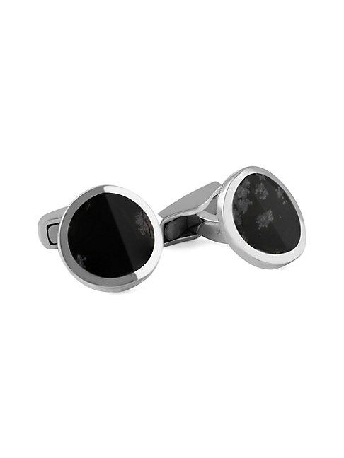 Zegna Sterling Silver & Snowflake Obsidian Angled Round Cufflinks