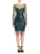 Monique Lhuillier Embellished Long-sleeve Illusion Dress