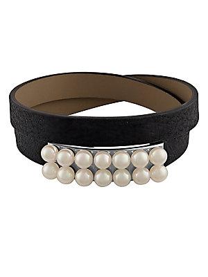 Majorica New Isla 6mm White Pearl & Leather Bracelet