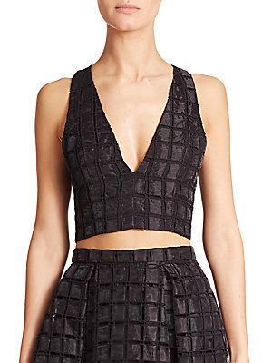 Nicholas Plunging Windowpane Lace Cropped Top
