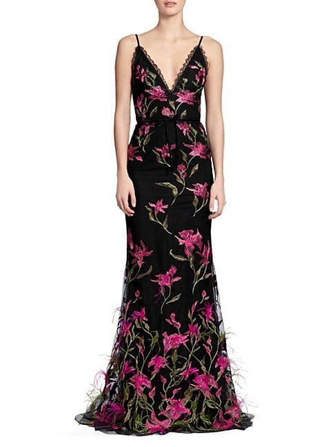 Marchesa Floral Embroidered Feather Trim Gown