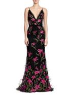 Marchesa Floral Embroidered Feather Trim Gown