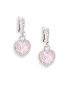 Judith Ripka Fashion Heart Pink Crystal & Sterling Silver Drop Earrings