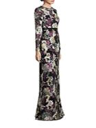 Theia Long Sleeve Floral Embroidered Gown