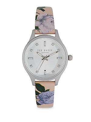 Ted Baker London Stainless Steel Floral Leather-strap Watch