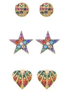 Gabi Rielle 3-pair 22k Goldplated & Multicolored Crystal Stud Earrings