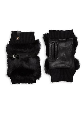 Furlux Rabbit Fur & Leather-trim Wool Fingerless Gloves