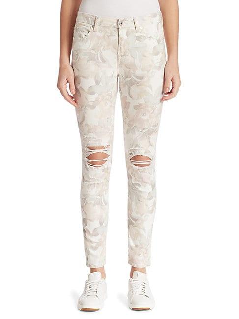 7 For All Mankind Distressed Floral-print Ankle Skinny Jeans