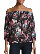 Romeo & Juliet Couture Floral Printed Striped Off-the-shoulder Top