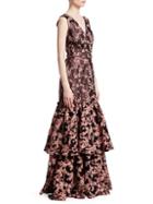 Theia Jacquard Floral Tiered Ruffle Gown