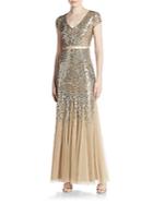 Adrianna Papell Sequined Cap-sleeve Gown