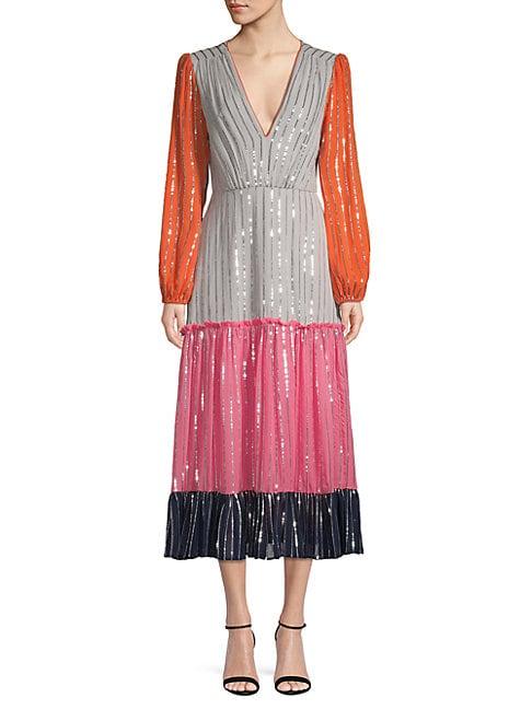 Saloni Devon Colorblock Silk Sequin Dress