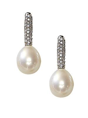 Effy Freshwater Pearl And Diamond Drop Earrings In 14 Kt. White Gold 9-9.5mm
