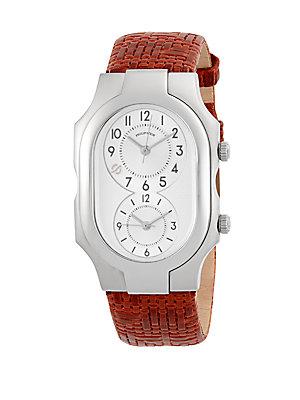 Philip Stein Large Signature Rectangle Leather Strap Watch