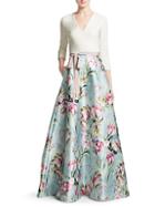 Theia V-neck Floral Skirt Gown
