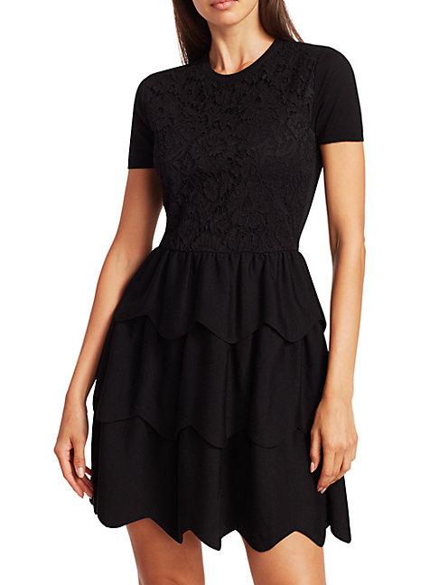 Valentino Lace Tiered Short-sleeve Wool Dress