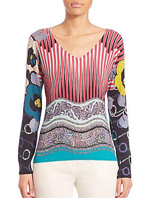 Etro Printed Silk & Cashmere V-neck Sweater