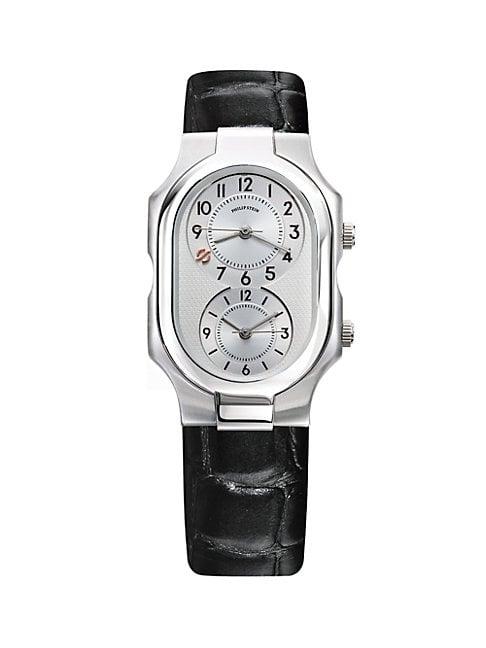 Philip Stein Signature Dual-time Zone Stainless Steel & Leather Strap Watch