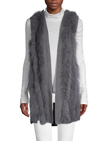 Qi New York Striped Cashmere & Fox Fur Open Front Vest