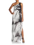 Halston Heritage One Shoulder Printed Chiffon Gown