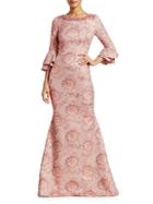 Theia Metallic Floral Jacquard Bell-sleeve Trumpet Gown