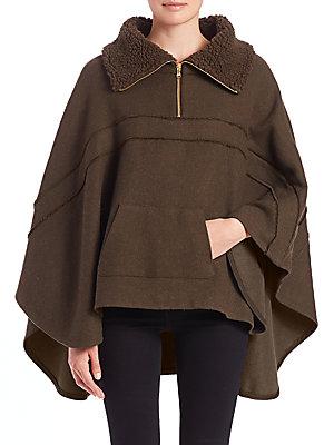 Laveer Moss Faux Shearling-collar Poncho