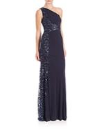 David Meister Beaded One-shoulder Jersey Gown