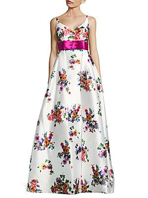 Mac Duggal Floral-print V-neck Gown