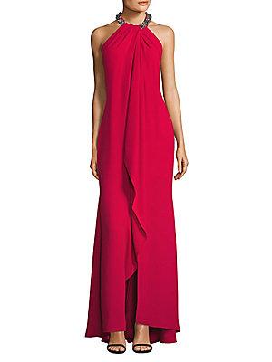 Carmen Marc Valvo Collection Beaded Halterneck Toga Crepe Gown