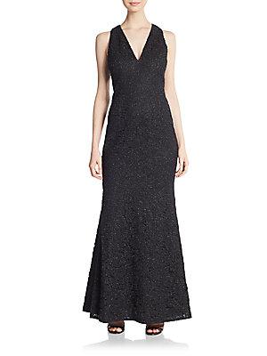 Carmen Marc Valvo Collection Lace V-neck Gown