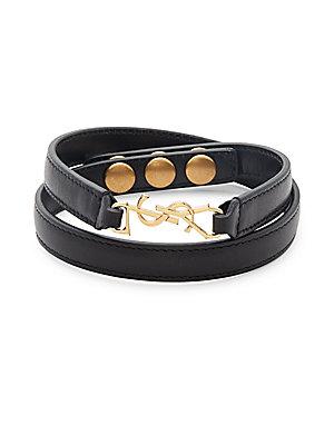 Yves Saint Laurent Adjustable Calfskin Leather Logo Bracelet