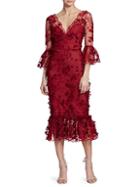 Marchesa Embroidered Floral Lace Mermaid Midi Dress