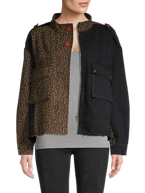 Lea & Viola Leopard & Colorblocked Denim Jacket