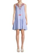 Beach Lunch Lounge Embroidered Linen & Cotton Dropped Waist Dress