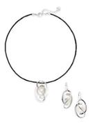 Majorica Ophol 8mm-12mm White Coin Pearl & Leather Necklace & Earrings Gift Box Set
